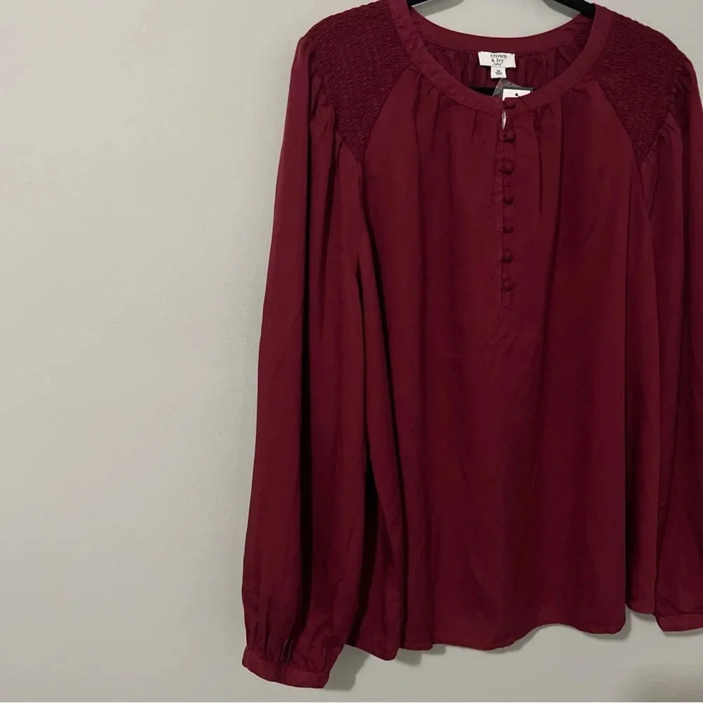 Crown Ivy Peasant Blouse Women’s XXL Red Cranberry Peasant Long Sleeve Button - Picture 5 of 14